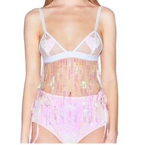 Pink Mesh Fringe Sequin Bralette Rave